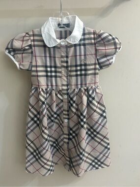 Burberry-Beige Plaid Kids Dress with White Collar